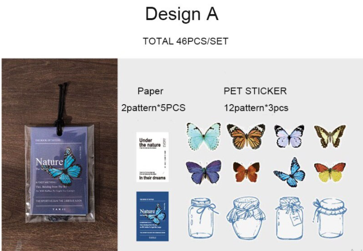 Set mini papeles y stickers transparentes Mariposas y frascos