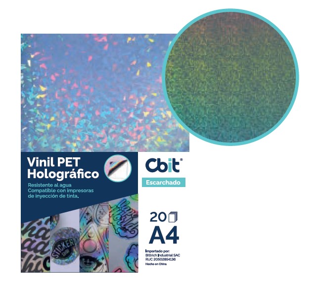 Vinil PET Tornasol Adhesivo Holográfico Imprimible Efecto Escarchado A4 x 20 hojas